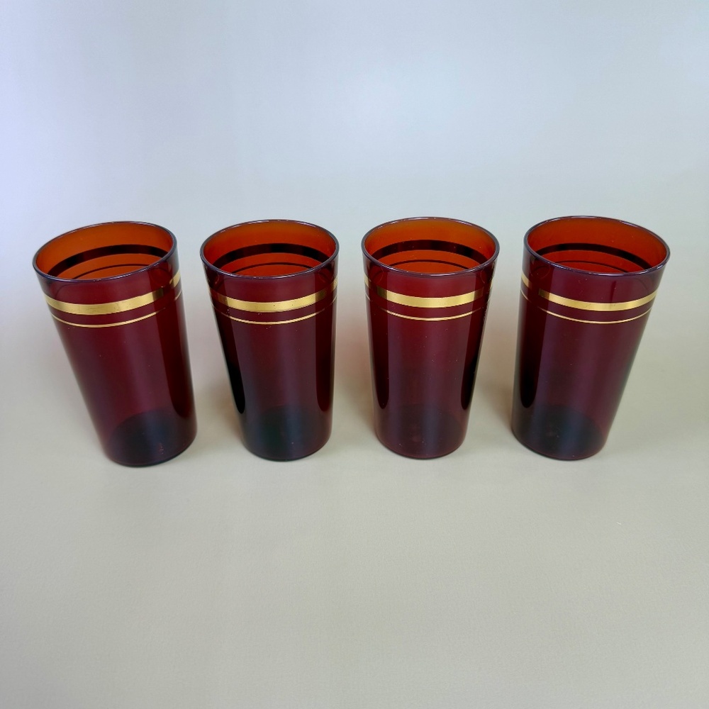 Vintage Ruby Red Glass Tumblers with Gold Design – Set of 4 - Picture 15 of 16